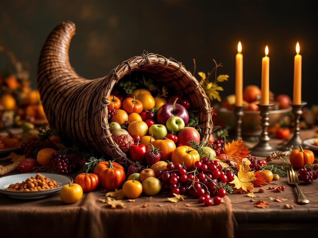 A cornucopia filled with various fruits and vegetables, surrounded by candles and autumn leaves on a Thanksgiving table.