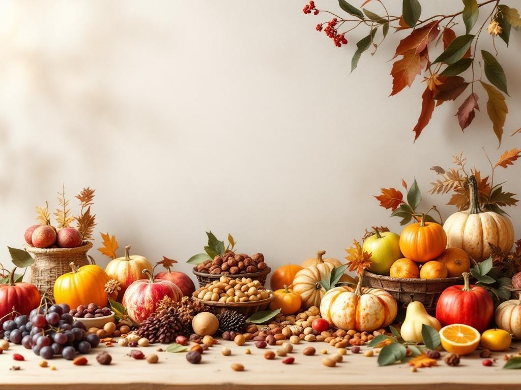 A beautiful display of various fruits and nuts, including pumpkins, apples, and pinecones, arranged for Thanksgiving decor.