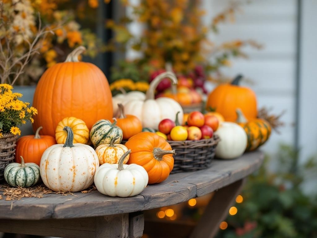 A beautiful display of pumpkins, gourds, and apples on a rustic wooden table, perfect for Thanksgiving decorations.