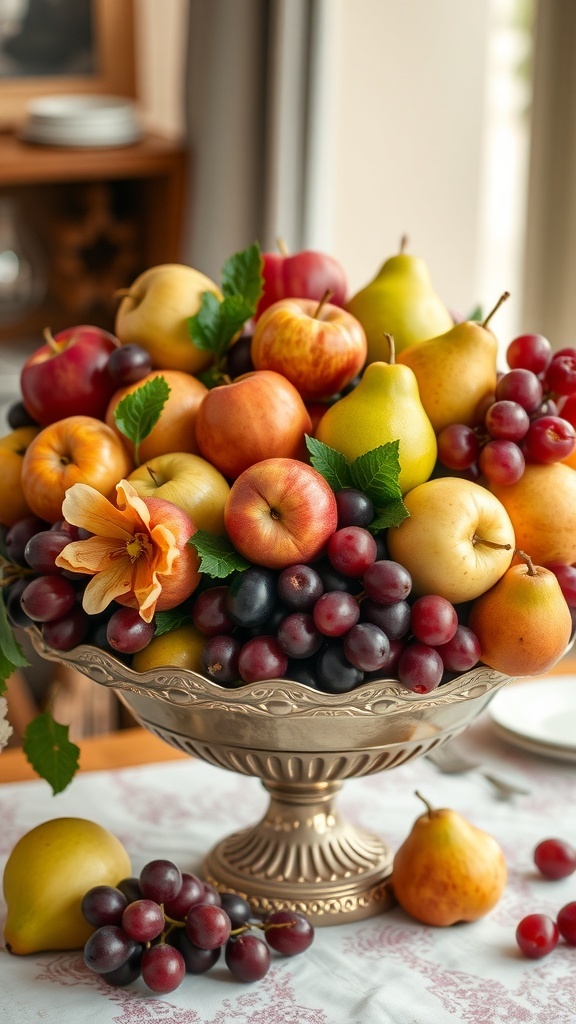 A decorative bowl filled with various fruits including apples, pears, and grapes, arranged beautifully for Thanksgiving.