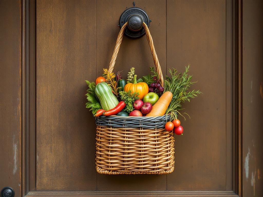 A harvest basket filled with fresh vegetables and fruits hanging on a wooden door.