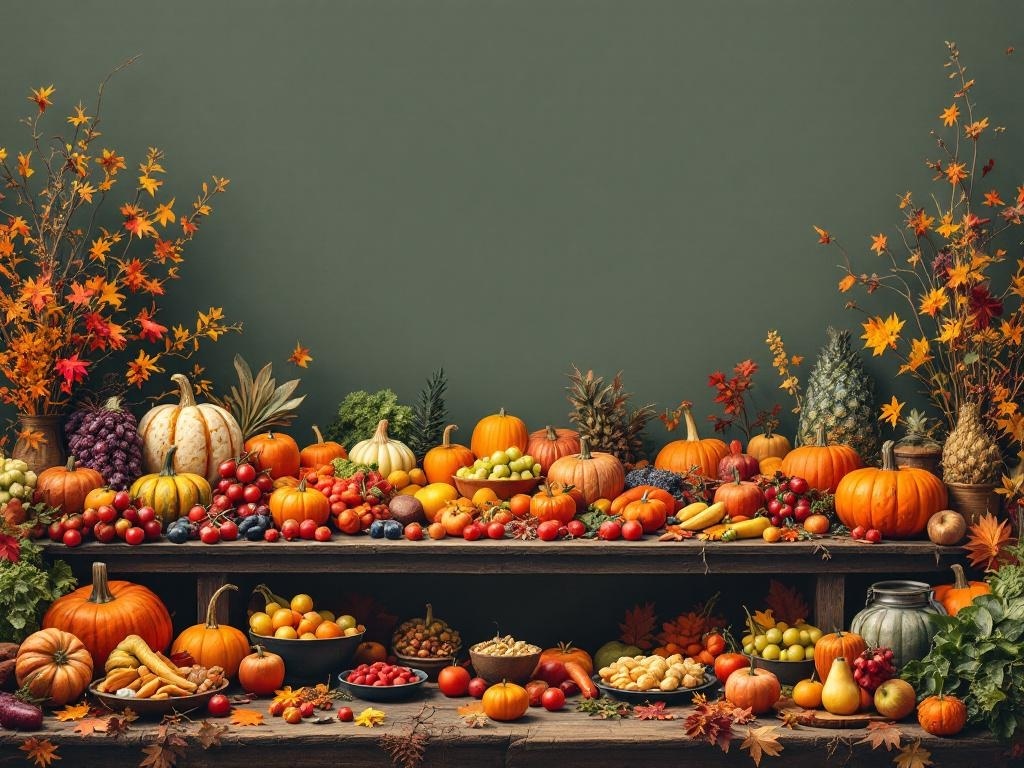 A bountiful harvest display featuring pumpkins, fruits, and autumn leaves on a wooden table.