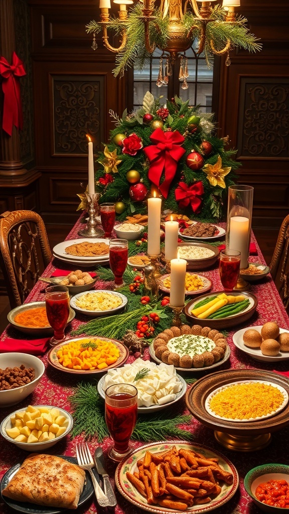 A beautifully decorated Christmas table with various dishes, candles, and a festive centerpiece.