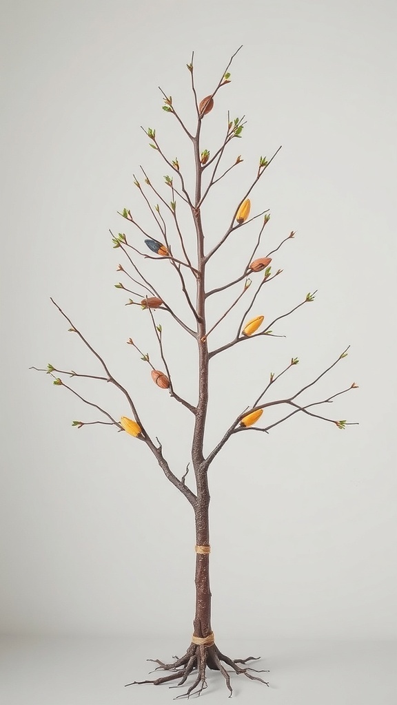 A decorative tree made of branches and twine with small buds and colorful accents.