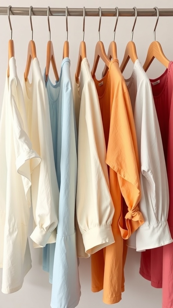 A collection of colorful breathable cotton blouses hanging on a rack.