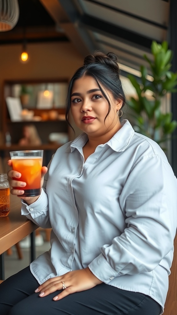 A woman sitting at a table in a light cotton button-up shirt, holding a drink, in a cozy indoor setting.