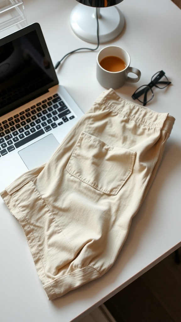 A pair of beige cotton chinos laid out on a desk next to a laptop and a coffee mug.