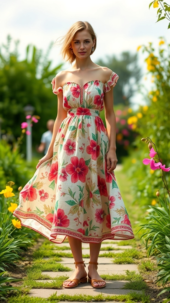 A woman wearing a floral cotton midi dress in a garden setting.