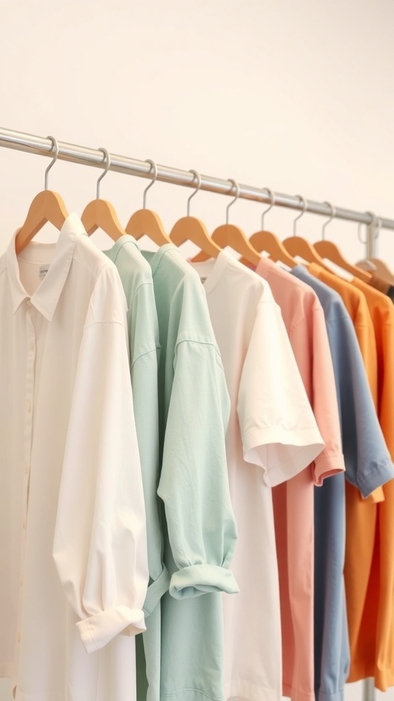 A collection of breathable cotton shirts in various colors hanging on a rack.