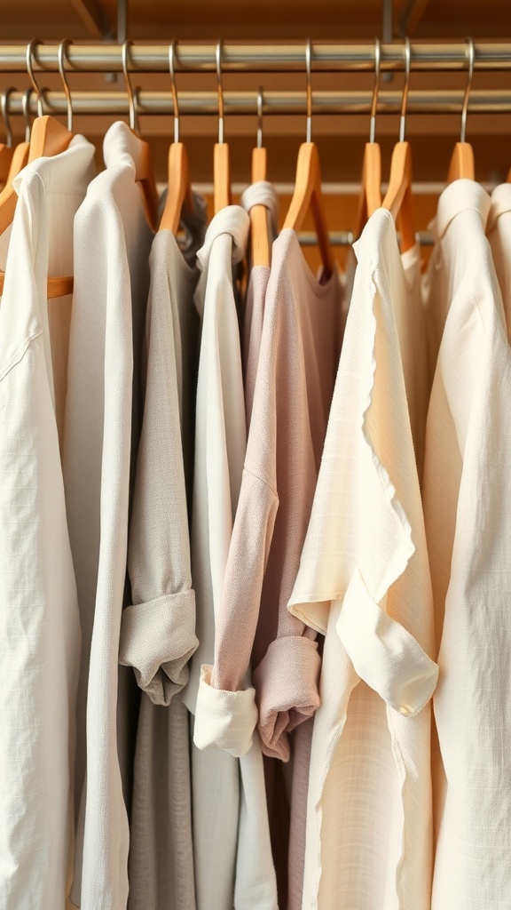 A collection of light, breathable fabrics hanging on a rack, showcasing summer business casual outfits for women.