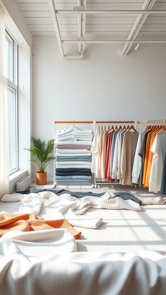 A bright room with neatly arranged clothing and soft textures, showcasing summer business casual outfits.