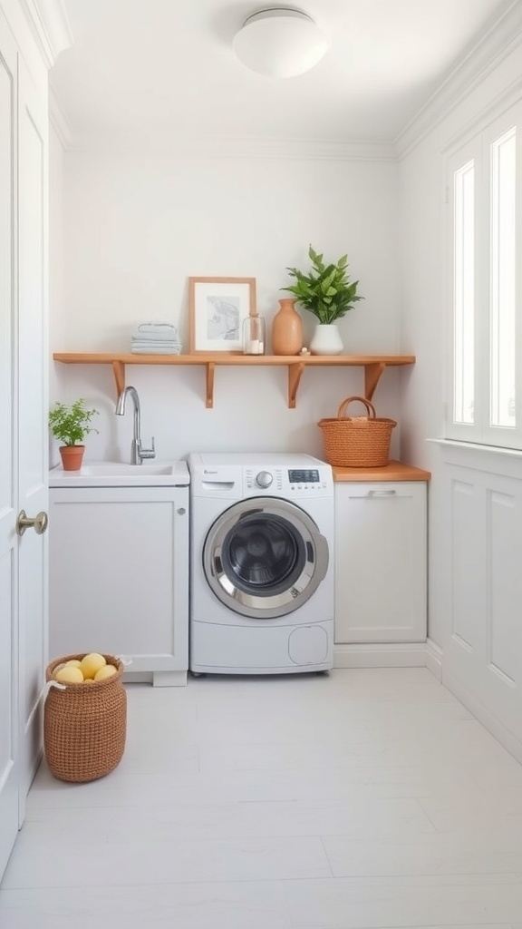 Modern farmhouse laundry room with white walls, wooden shelves, and plants.