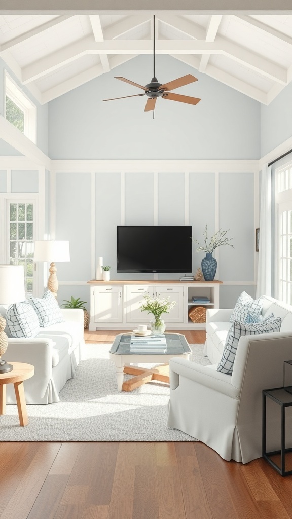 A bright and airy coastal farmhouse living room with light blue walls, white furniture, and natural wood accents.