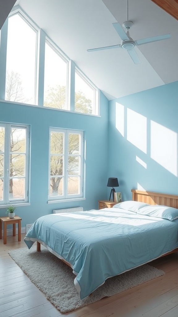 Bright and airy light blue bedroom with large windows and soft bedding.