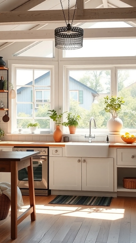 A bright and airy boho farmhouse kitchen with large windows, plants, and warm wood accents.