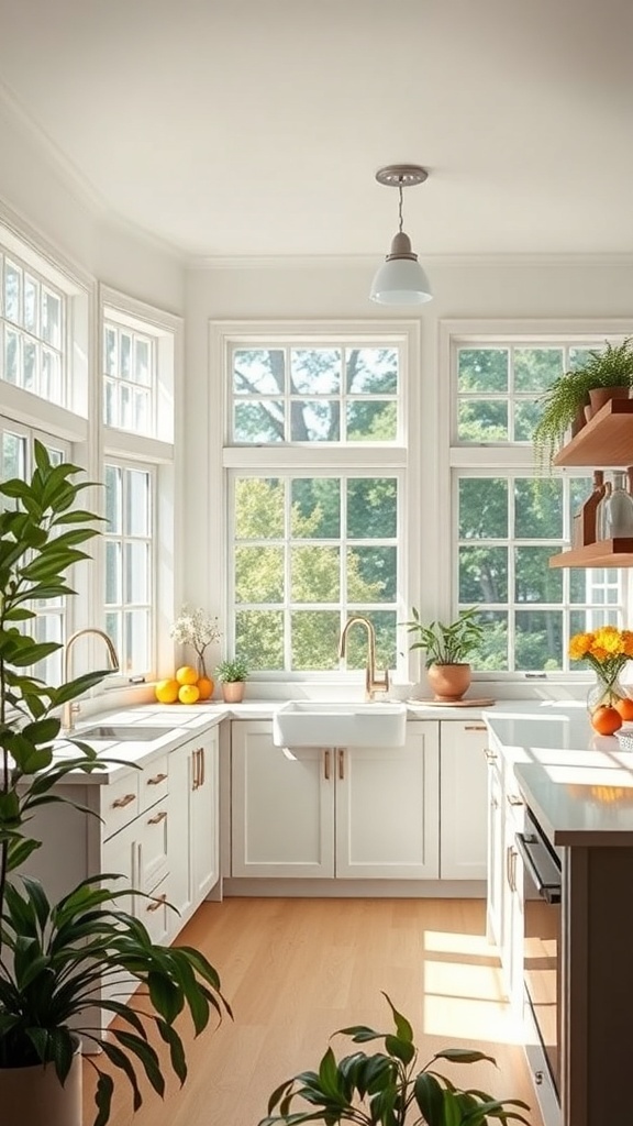 Bright and airy white farmhouse kitchen with large windows and plants