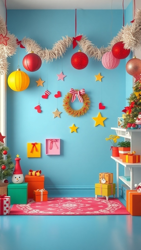 A colorful Christmas room with blue walls, bright ornaments, and festive decorations.