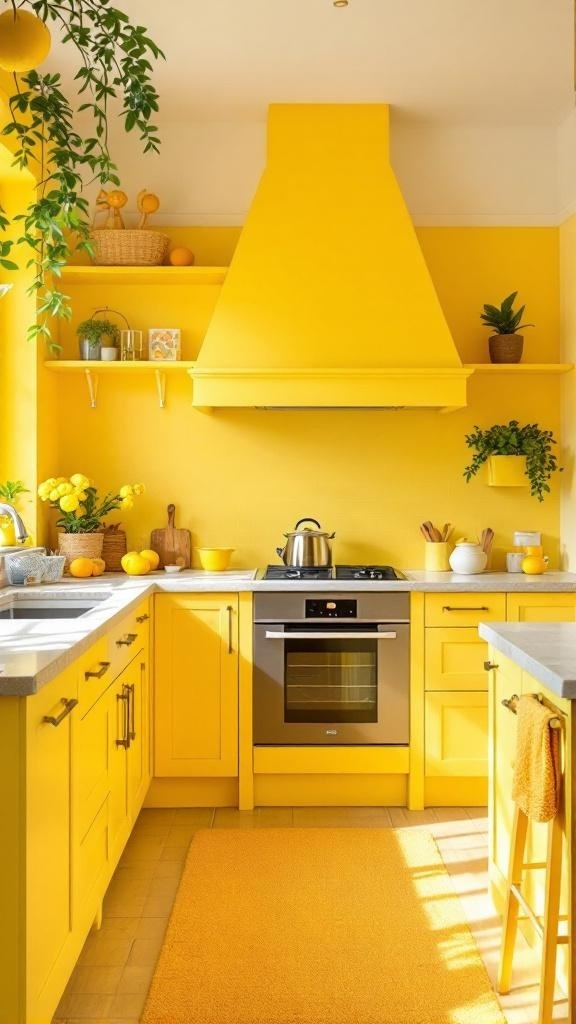 A bright yellow kitchen with citrus accents, featuring yellow cabinets, a matching hood, and fresh greenery.
