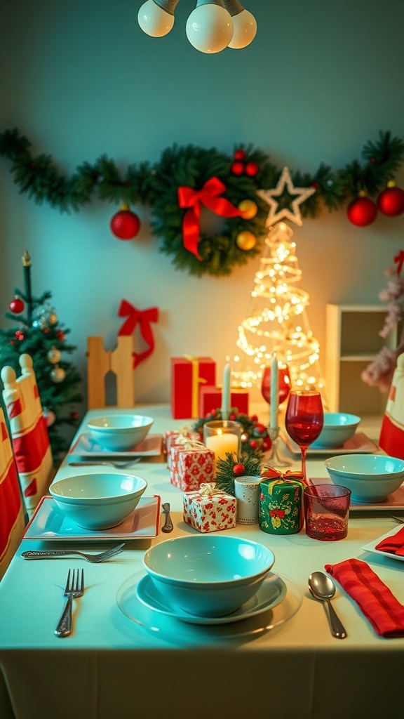 A beautifully set Christmas table with bright colors, festive decorations, and a warm ambiance.