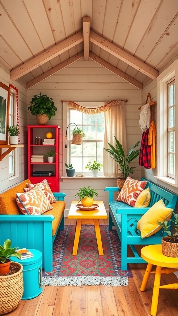 Interior of a tiny cabin featuring bright colors and cozy furniture.