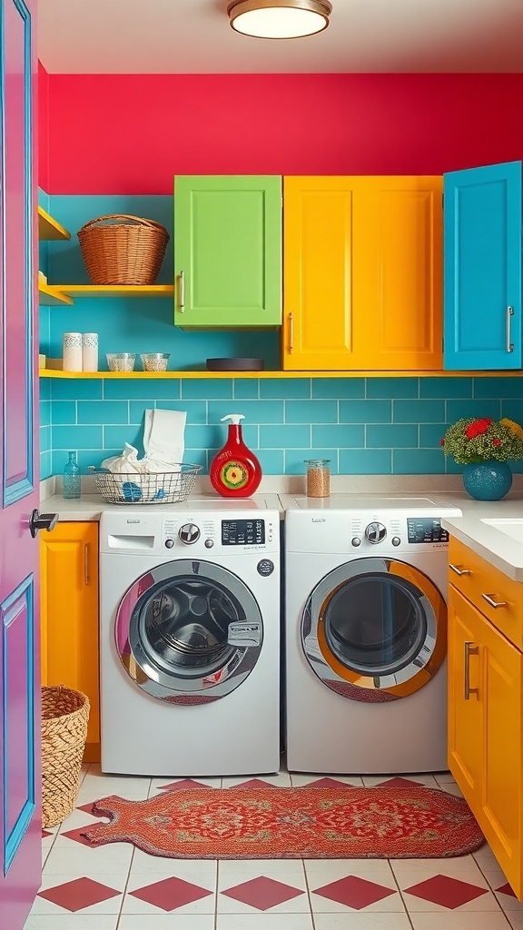 A bright and colorful laundry room with yellow cabinets, green accents, and a pink wall.