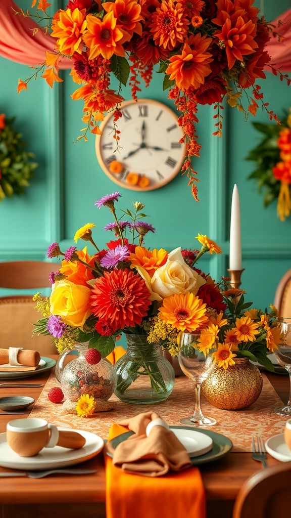 A vibrant Thanksgiving tablescape featuring colorful flowers, elegant dishware, and a warm atmosphere.