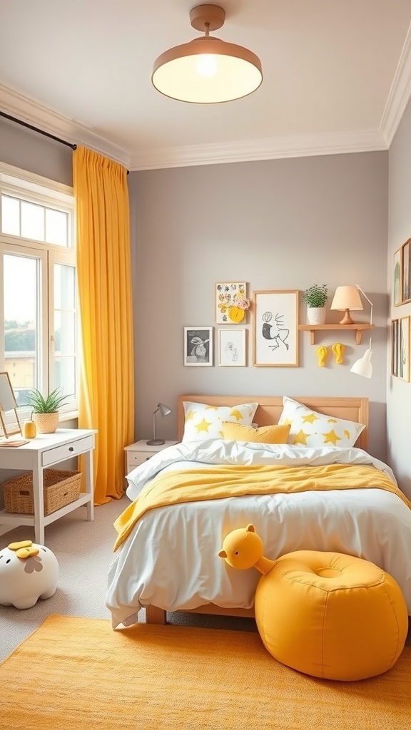 A bright bedroom featuring yellow curtains, bedding, and decor against gray walls.