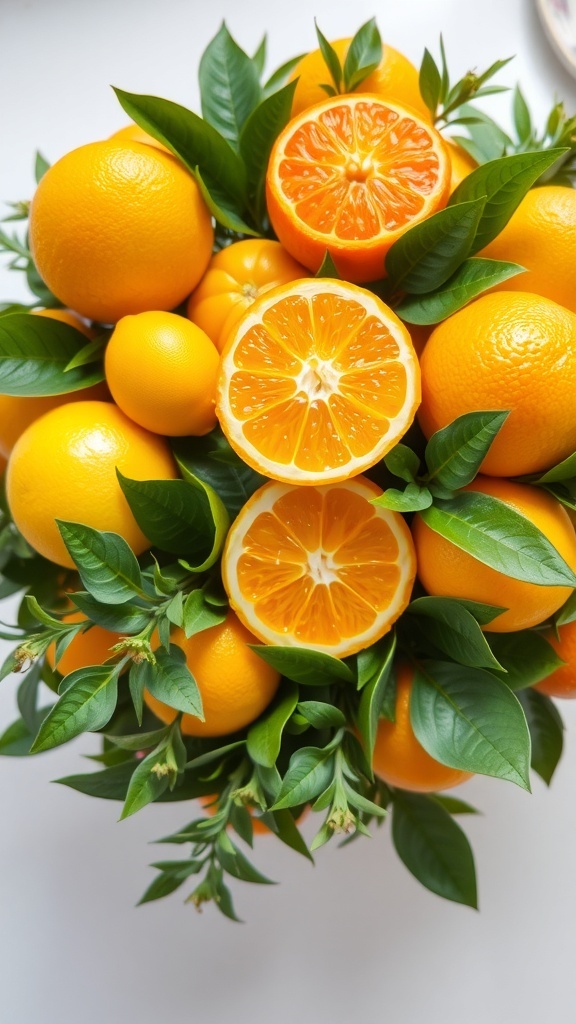 A vibrant arrangement of oranges and lemons with green leaves.