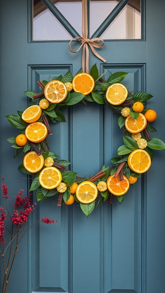 A bright citrus and spice wreath featuring oranges, lemons, and cinnamon sticks on a blue door.