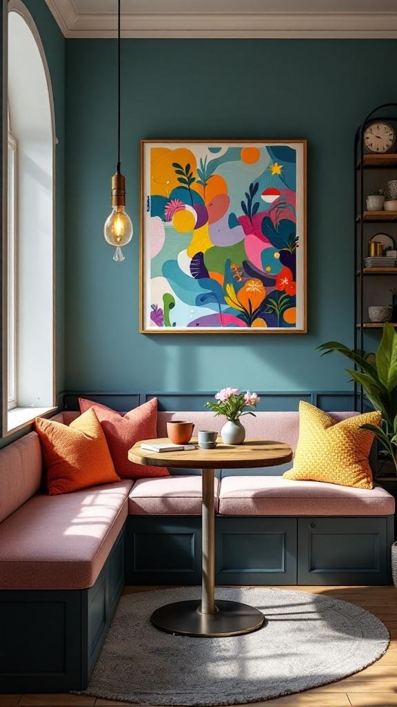 A cozy kitchen nook with teal walls, colorful artwork, and bright cushions.