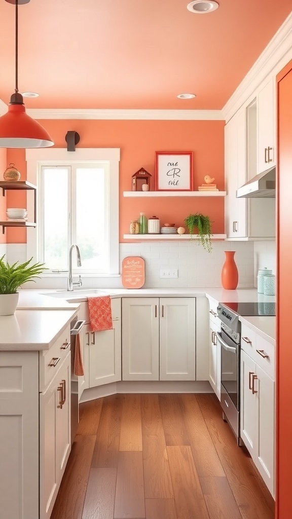 A bright coral kitchen with white cabinets and wooden floors.