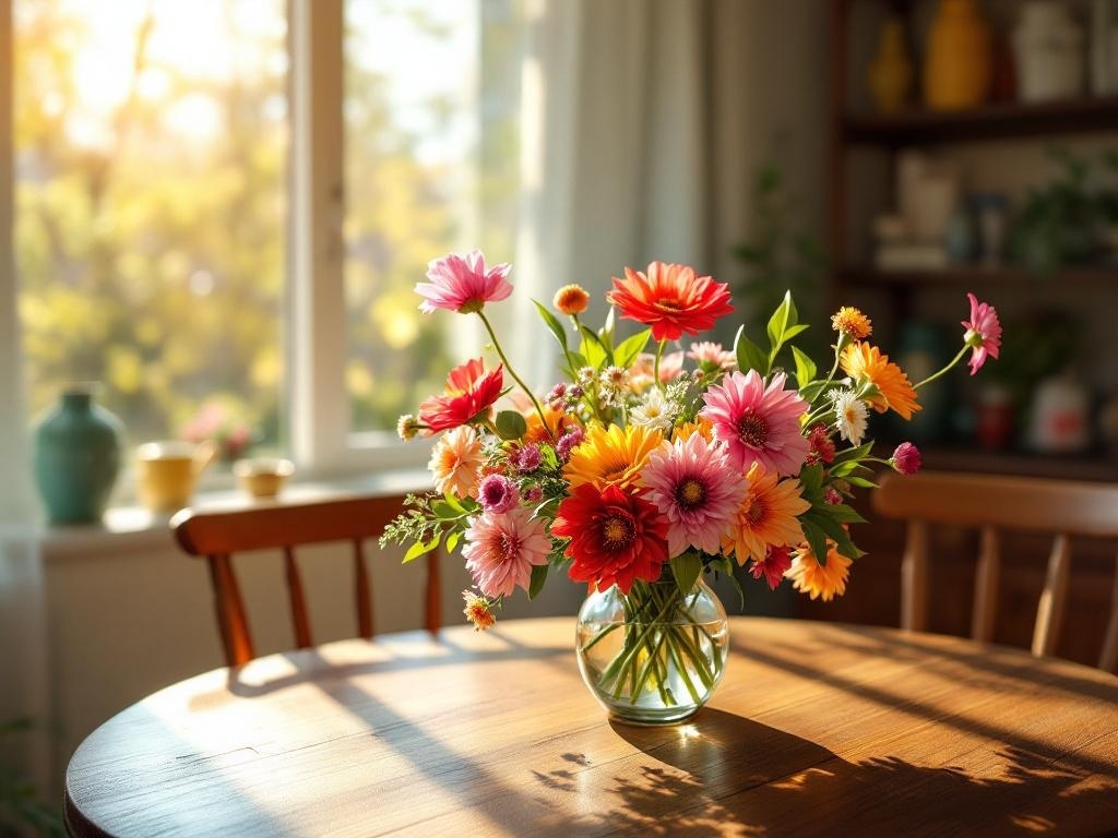 A vibrant bouquet of flowers in a glass vase on a wooden table, with sunlight streaming through a window.
