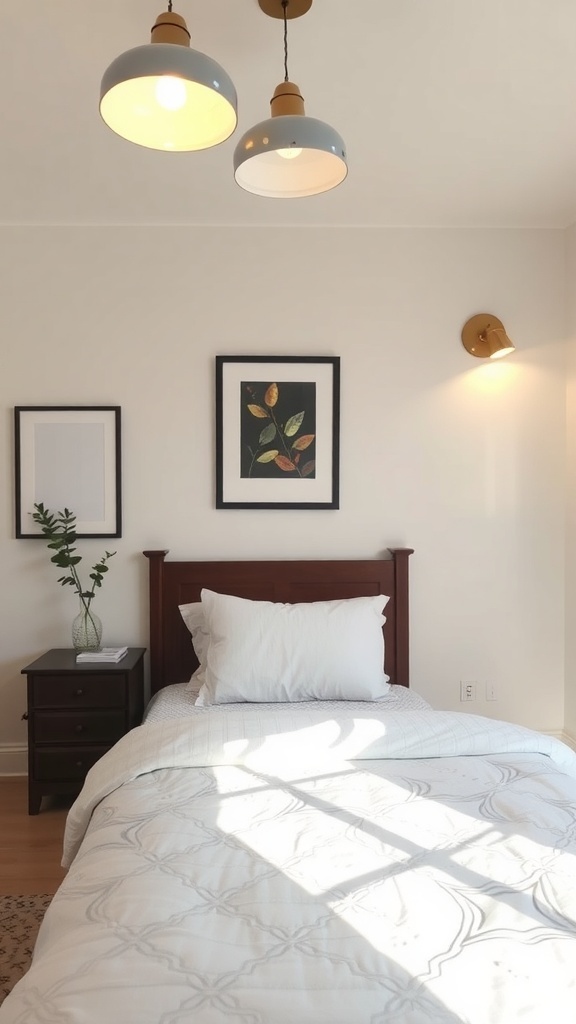 A small guest bedroom featuring stylish pendant lights and a wall sconce.