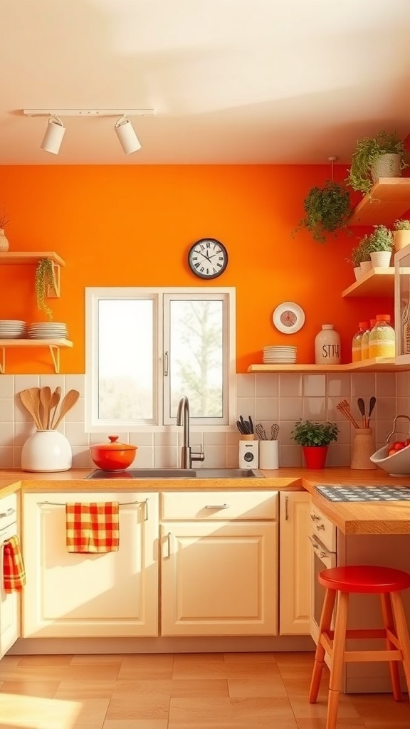 A bright orange kitchen with light cabinetry, wooden countertops, and colorful accents.