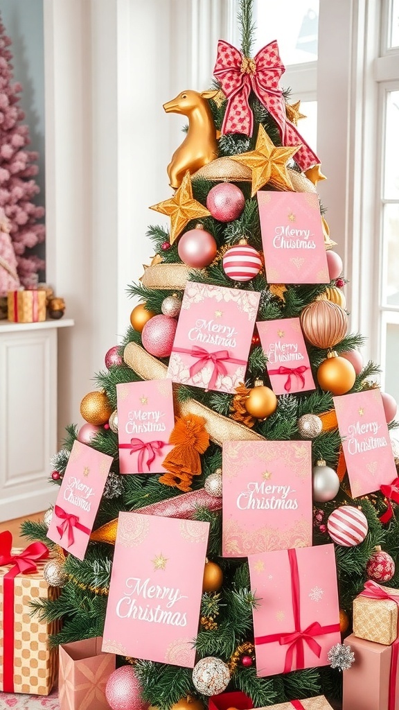 A beautifully decorated Christmas tree with pink and gold ornaments and presents.