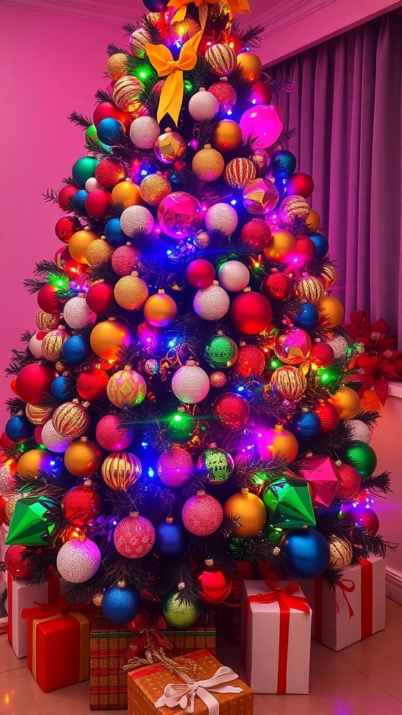 A colorful Christmas tree decorated with bright ornaments and lights, surrounded by wrapped gifts.