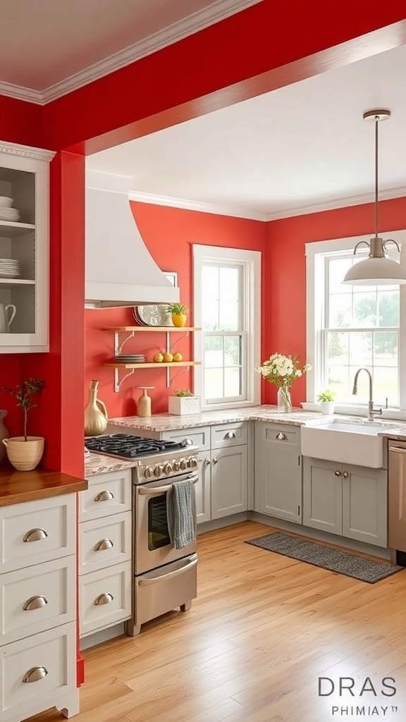 Bright red accent wall in a farmhouse kitchen with gray cabinets and wooden accents.