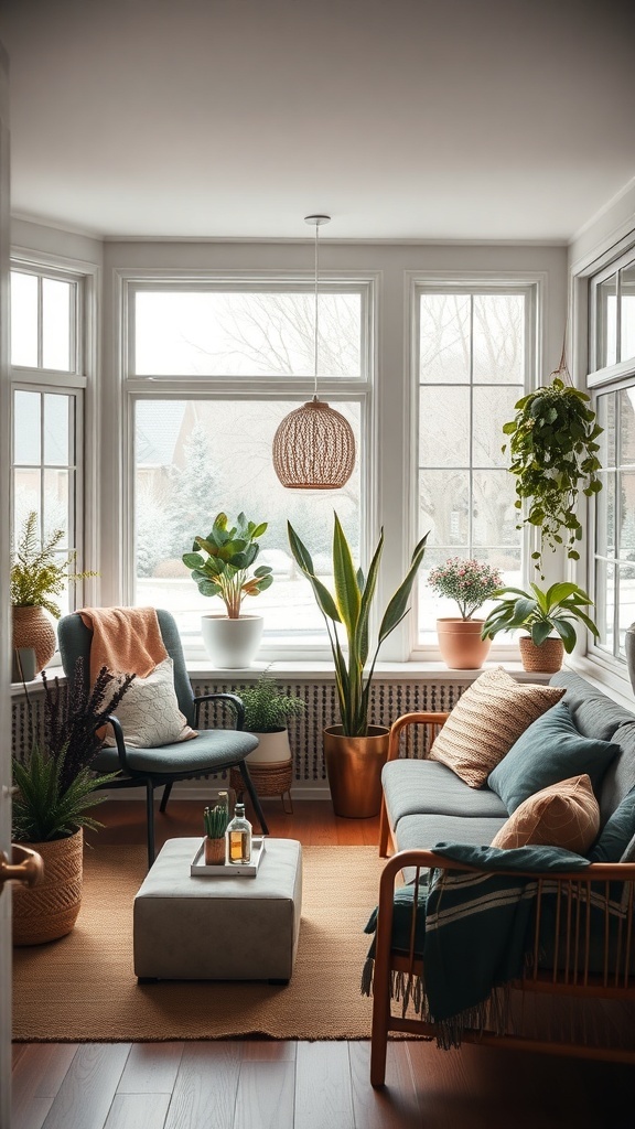 A bright sunroom filled with winter plants, featuring a comfortable seating area and large windows.