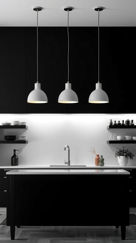 Modern black and white kitchen with pendant lights above an island