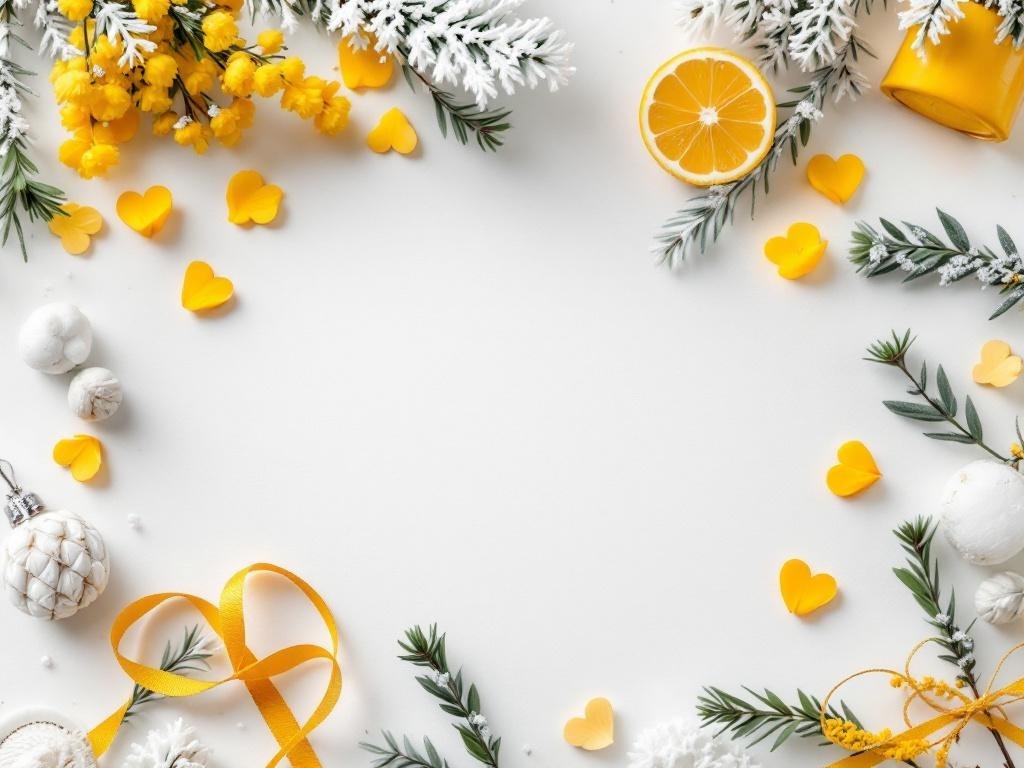 A bright arrangement featuring yellow flowers, heart-shaped decorations, and white ornaments on a light background.