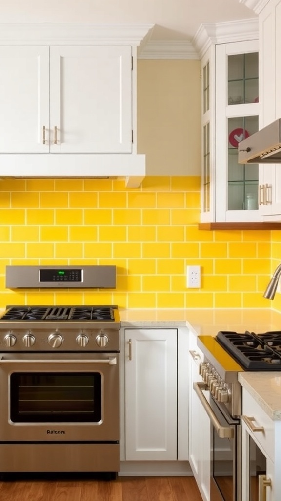 Bright yellow backsplash in a farmhouse kitchen with white cabinets and stainless steel appliances.