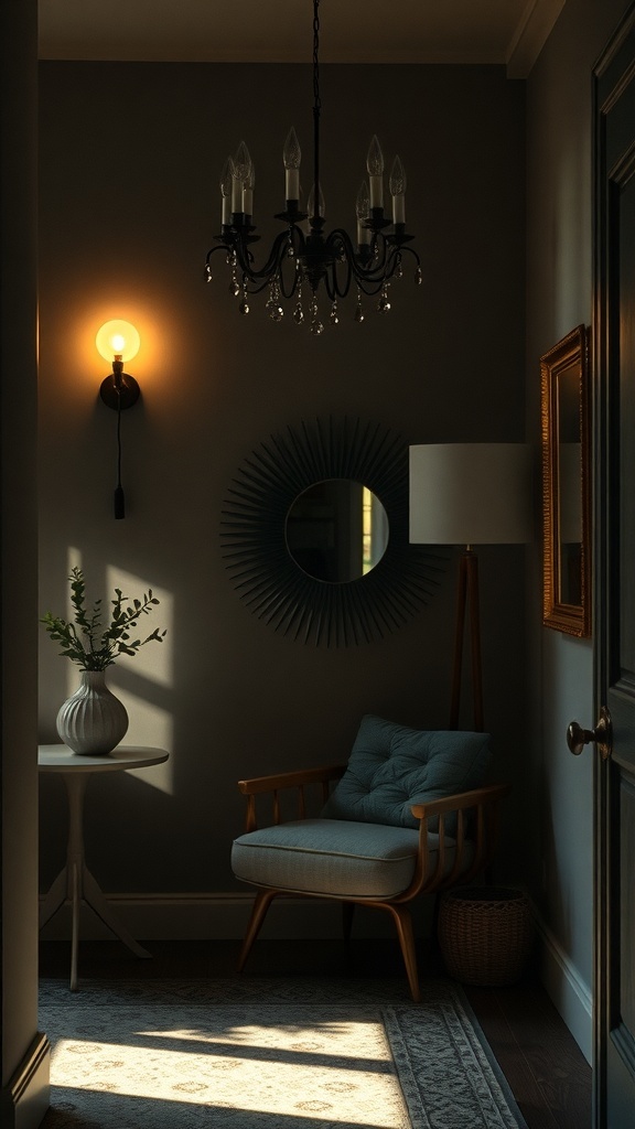 A cozy corner with a blue chair, a small table, and warm lighting in a dark space.