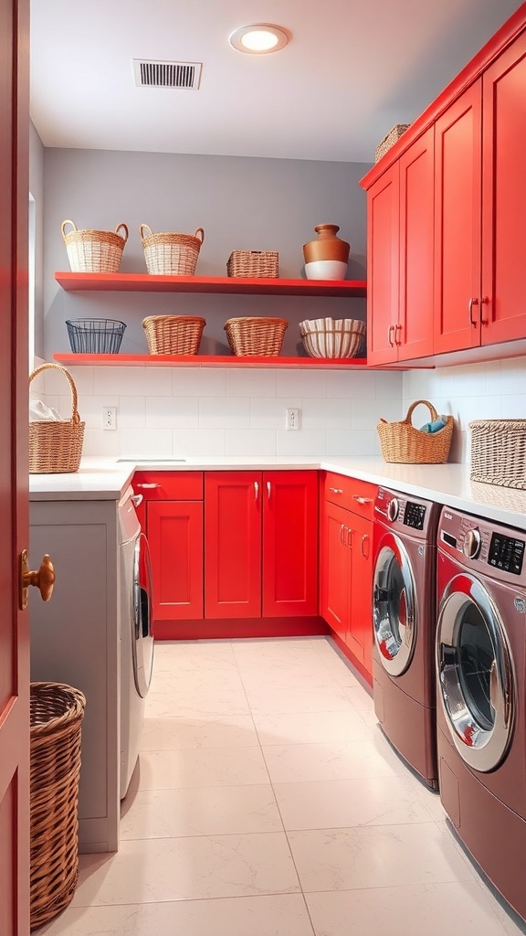 Bright laundry room with red cabinets and baskets.