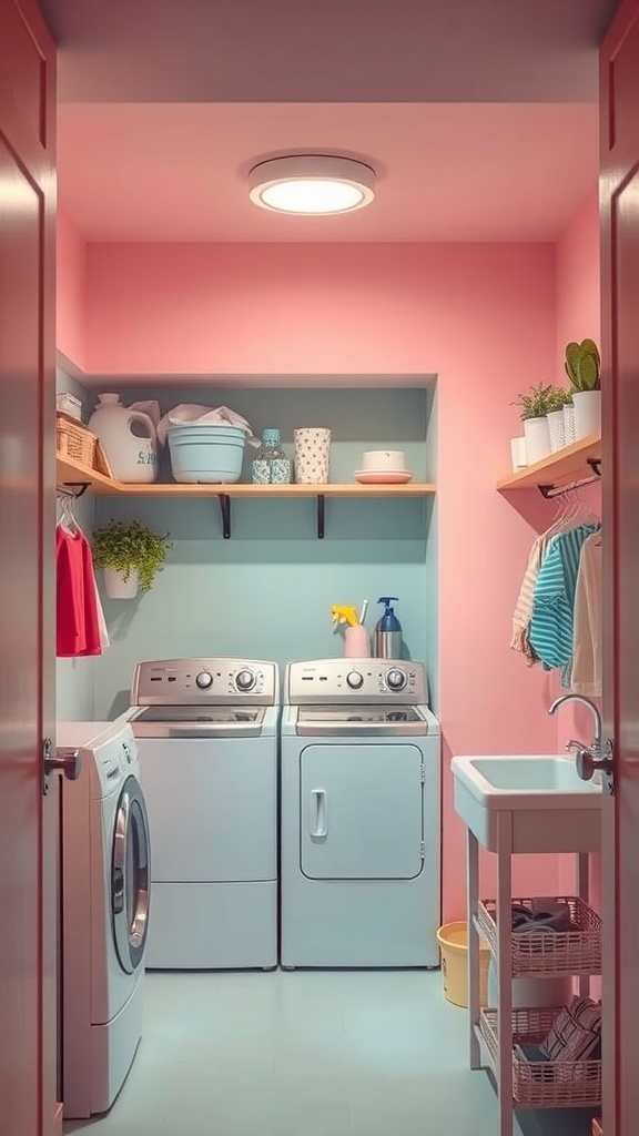 A bright and colorful tiny laundry room with pink and blue walls, white appliances, and shelves with plants and storage.