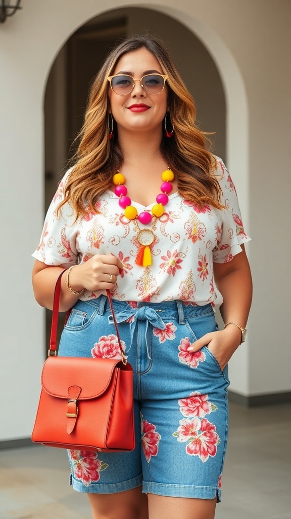 A plus-size woman wearing a floral top and denim shorts, accessorized with a colorful necklace and a red handbag.