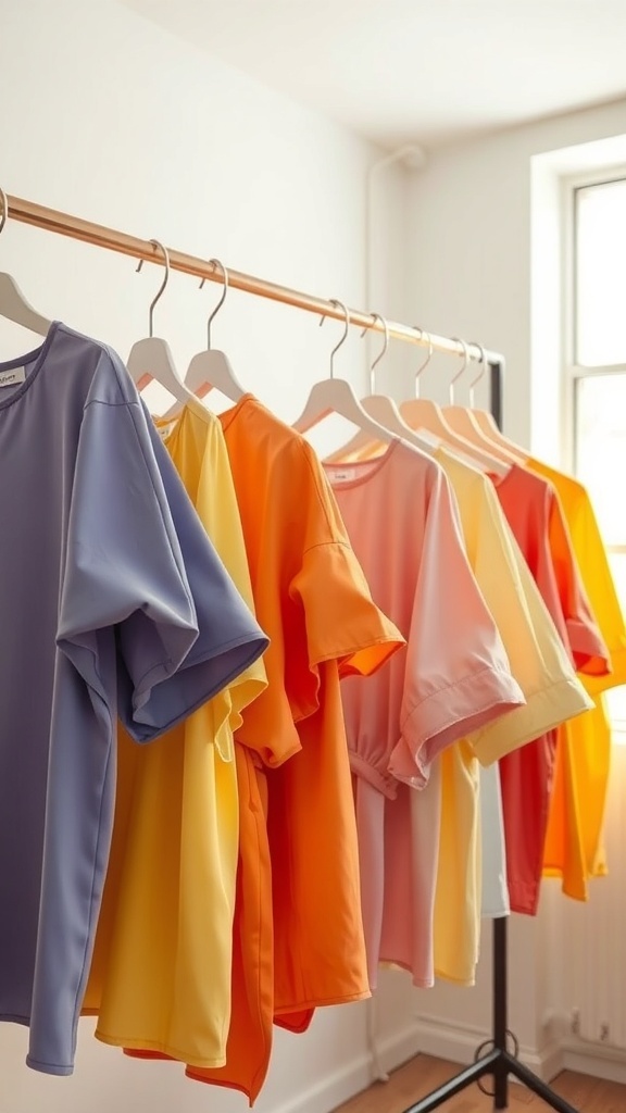 A collection of brightly colored blouses hanging on a rack, showcasing various pastel and vibrant hues.