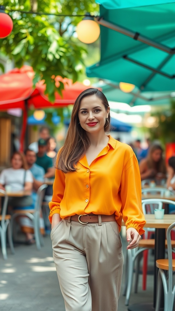 A woman in a bright orange blouse and beige trousers walking in a vibrant outdoor setting with colorful umbrellas.