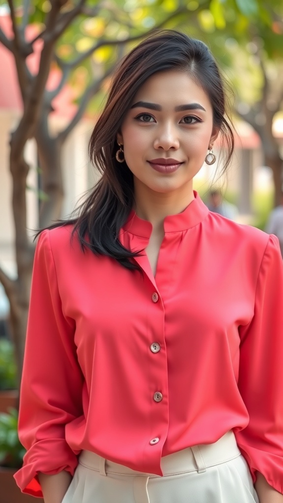 A young woman wearing a coral blouse and light-colored trousers, standing outdoors with greenery in the background.