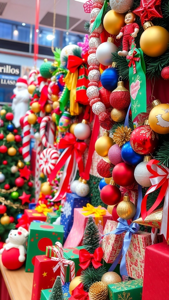 A vibrant display of Christmas decorations featuring colorful ornaments, ribbons, and gifts.
