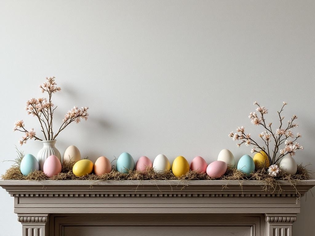A mantel decorated with pastel-colored eggs and flowering branches.